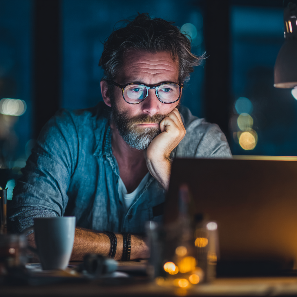 Stressed founder at desk late at night